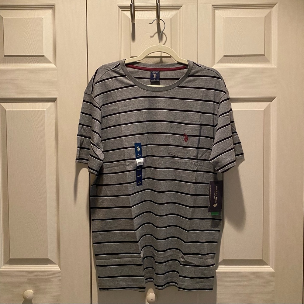 U.S. Polo Assn Gray Striped T Shirt Logo Pocket Short Sleeve Crewneck Tee